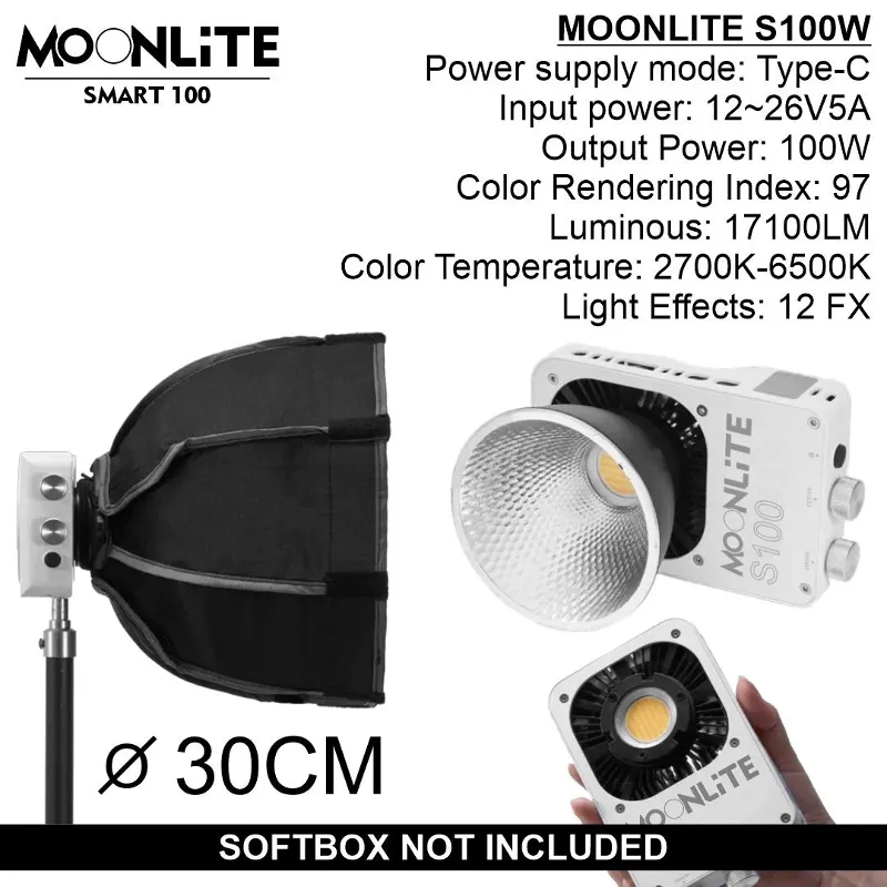 MOONLITE S100 LED POCKET LIGHT VIDEO PHOTOGRAPHY 2700K-6500K 100W
