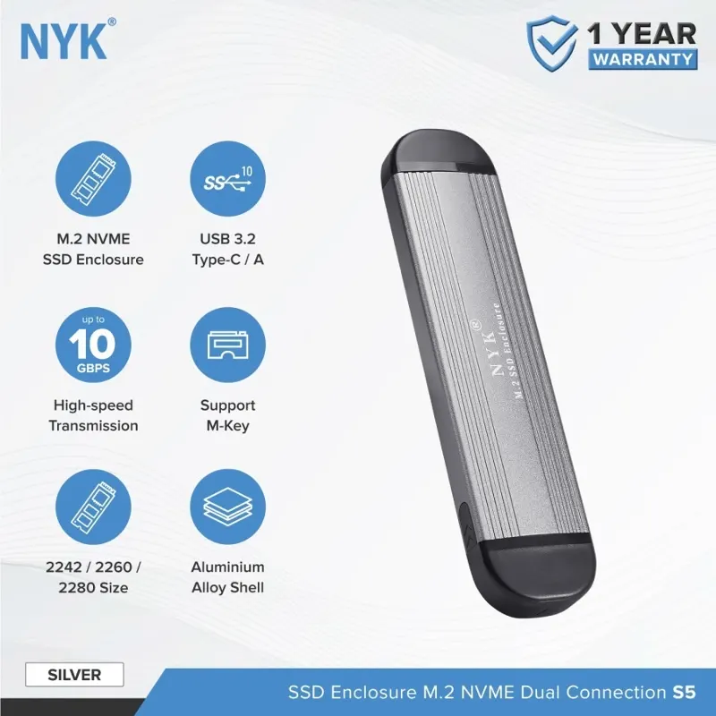 NYK S5 M.2 NVMe SSD Enclosure USB3.2 Type-C & Type-A Dual Connection
